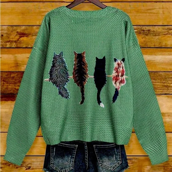 Cat Pattern Round Neck Long Sleeve Casual Pullover Sweater, Autumn/Winter - Picture 1 of 2